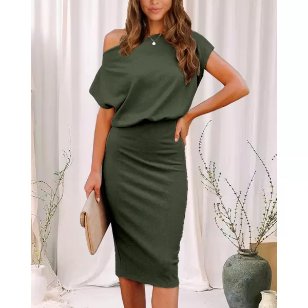 imageBTFBM Womens Casual Party Dresses 2024 Summer Spring Off The Shoulder Short Sleeve Slim Ribbed Knit Midi Bodycon DressSolid Army Green