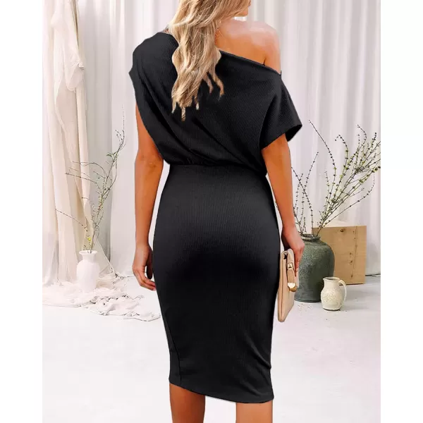 imageBTFBM Womens Casual Party Dresses 2024 Summer Spring Off The Shoulder Short Sleeve Slim Ribbed Knit Midi Bodycon DressSolid Black