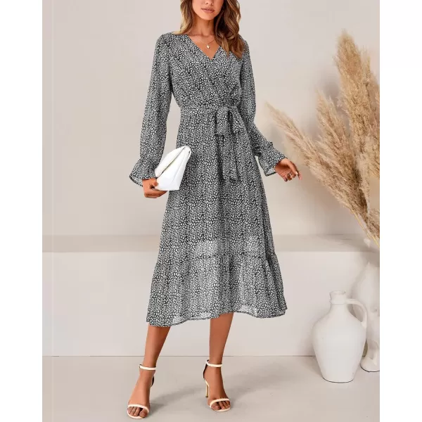 imageBTFBM Womens Casual Party Summer Fall Dresses 2023 Long Sleeve Wrap V Neck Swiss Dot Swing ALine Maxi Dress with BeltBlack