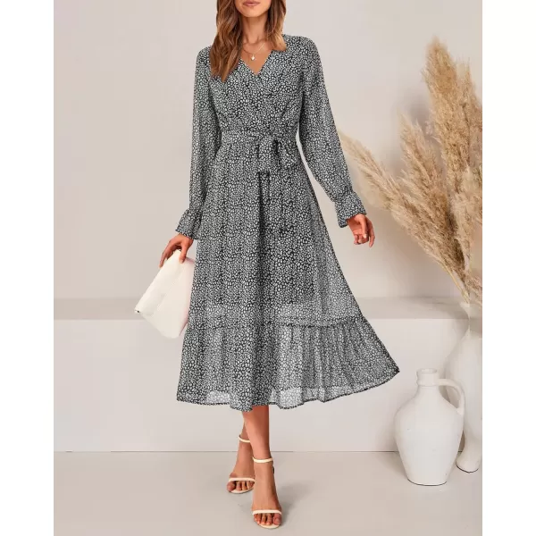 imageBTFBM Womens Casual Party Summer Fall Dresses 2023 Long Sleeve Wrap V Neck Swiss Dot Swing ALine Maxi Dress with BeltBlack