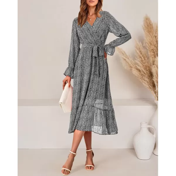 imageBTFBM Womens Casual Party Summer Fall Dresses 2023 Long Sleeve Wrap V Neck Swiss Dot Swing ALine Maxi Dress with BeltBlack
