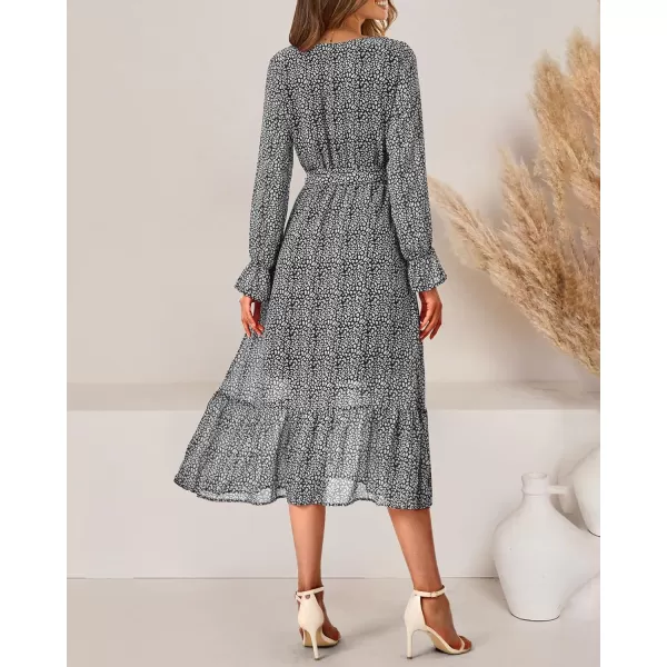 imageBTFBM Womens Casual Party Summer Fall Dresses 2023 Long Sleeve Wrap V Neck Swiss Dot Swing ALine Maxi Dress with BeltBlack