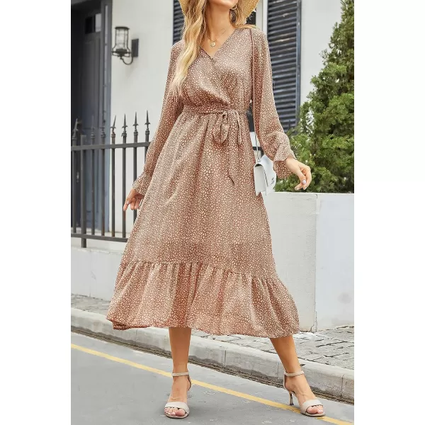 imageBTFBM Womens Casual Party Summer Fall Dresses 2023 Long Sleeve Wrap V Neck Swiss Dot Swing ALine Maxi Dress with BeltCoffee