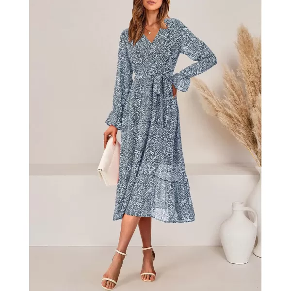 imageBTFBM Womens Casual Party Summer Fall Dresses 2023 Long Sleeve Wrap V Neck Swiss Dot Swing ALine Maxi Dress with BeltDark Blue
