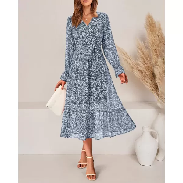 imageBTFBM Womens Casual Party Summer Fall Dresses 2023 Long Sleeve Wrap V Neck Swiss Dot Swing ALine Maxi Dress with BeltDark Blue