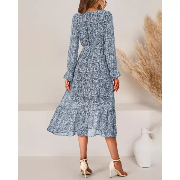 imageBTFBM Womens Casual Party Summer Fall Dresses 2023 Long Sleeve Wrap V Neck Swiss Dot Swing ALine Maxi Dress with BeltDark Blue