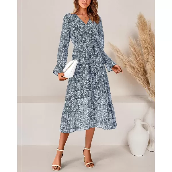 imageBTFBM Womens Casual Party Summer Fall Dresses 2023 Long Sleeve Wrap V Neck Swiss Dot Swing ALine Maxi Dress with BeltDark Blue