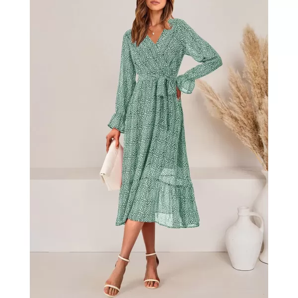 imageBTFBM Womens Casual Party Summer Fall Dresses 2023 Long Sleeve Wrap V Neck Swiss Dot Swing ALine Maxi Dress with BeltDark Green