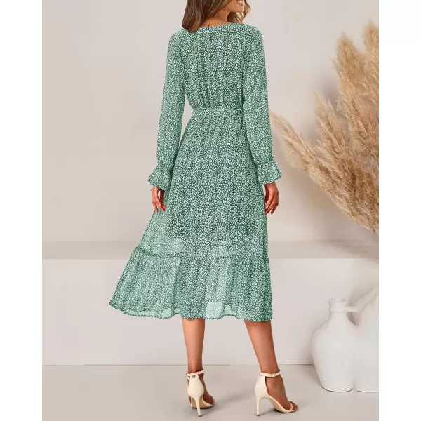 imageBTFBM Womens Casual Party Summer Fall Dresses 2023 Long Sleeve Wrap V Neck Swiss Dot Swing ALine Maxi Dress with BeltDark Green