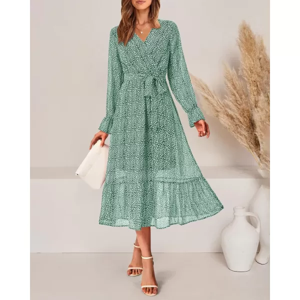 imageBTFBM Womens Casual Party Summer Fall Dresses 2023 Long Sleeve Wrap V Neck Swiss Dot Swing ALine Maxi Dress with BeltDark Green