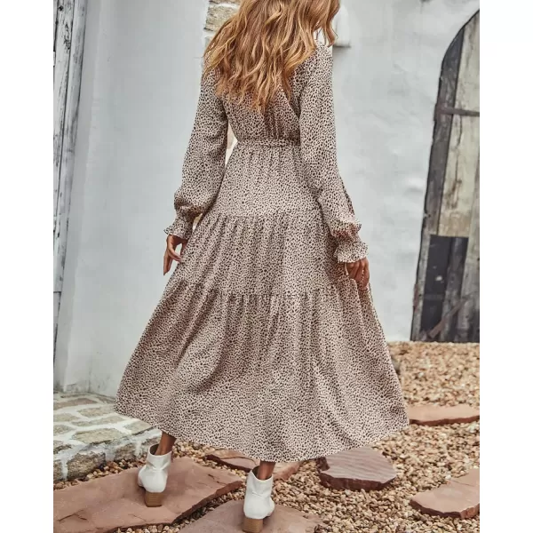 imageBTFBM Womens Casual Party Summer Fall Dresses 2023 Long Sleeve Wrap V Neck Swiss Dot Swing ALine Maxi Dress with BeltLeopard Small Apricot