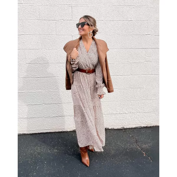imageBTFBM Womens Casual Party Summer Fall Dresses 2023 Long Sleeve Wrap V Neck Swiss Dot Swing ALine Maxi Dress with BeltLeopard Small Apricot