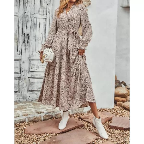 imageBTFBM Womens Casual Party Summer Fall Dresses 2023 Long Sleeve Wrap V Neck Swiss Dot Swing ALine Maxi Dress with BeltLeopard Small Apricot