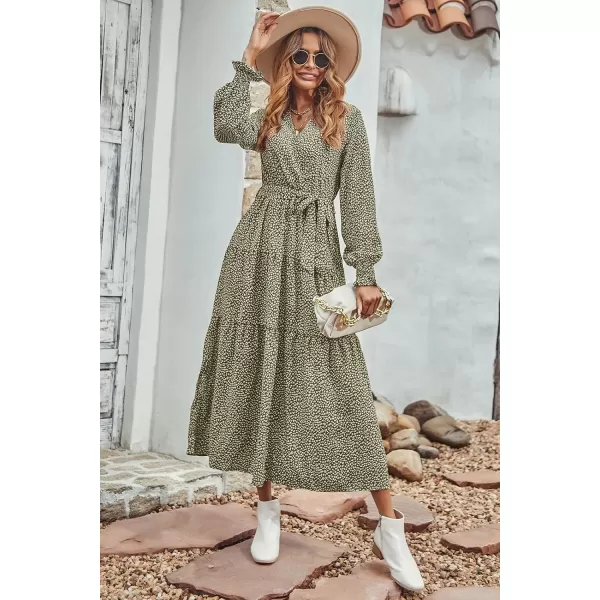 imageBTFBM Womens Casual Party Summer Fall Dresses 2023 Long Sleeve Wrap V Neck Swiss Dot Swing ALine Maxi Dress with BeltLeopard Small Green
