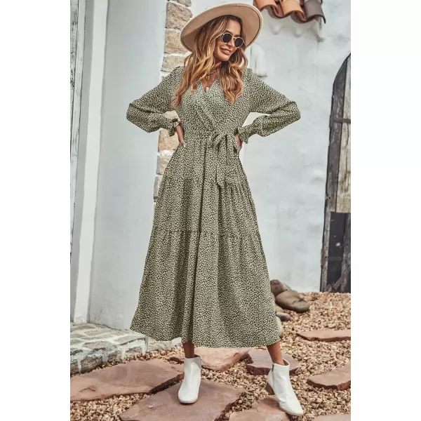 imageBTFBM Womens Casual Party Summer Fall Dresses 2023 Long Sleeve Wrap V Neck Swiss Dot Swing ALine Maxi Dress with BeltLeopard Small Green