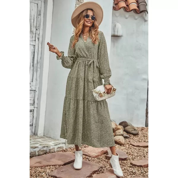 imageBTFBM Womens Casual Party Summer Fall Dresses 2023 Long Sleeve Wrap V Neck Swiss Dot Swing ALine Maxi Dress with BeltLeopard Small Green