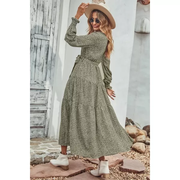 imageBTFBM Womens Casual Party Summer Fall Dresses 2023 Long Sleeve Wrap V Neck Swiss Dot Swing ALine Maxi Dress with BeltLeopard Small Green