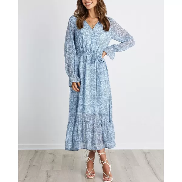 imageBTFBM Womens Casual Party Summer Fall Dresses 2023 Long Sleeve Wrap V Neck Swiss Dot Swing ALine Maxi Dress with BeltLight Blue