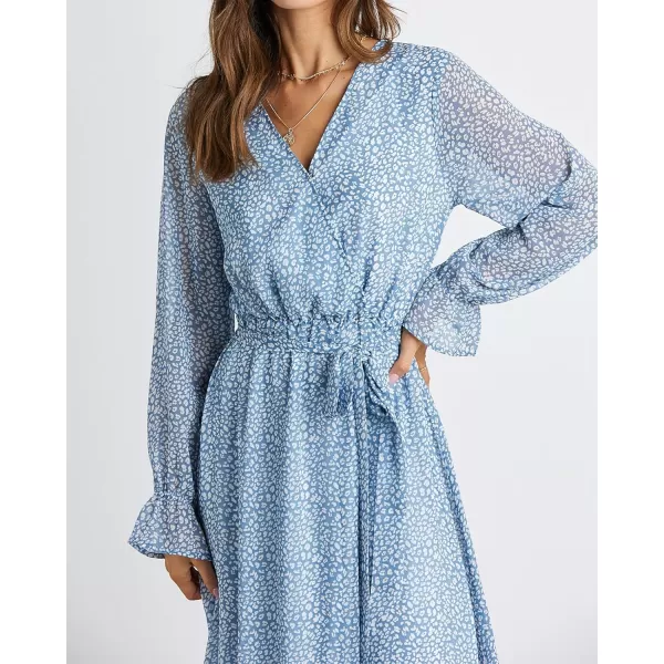 imageBTFBM Womens Casual Party Summer Fall Dresses 2023 Long Sleeve Wrap V Neck Swiss Dot Swing ALine Maxi Dress with BeltLight Blue