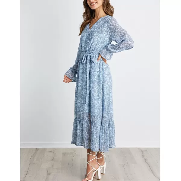 imageBTFBM Womens Casual Party Summer Fall Dresses 2023 Long Sleeve Wrap V Neck Swiss Dot Swing ALine Maxi Dress with BeltLight Blue