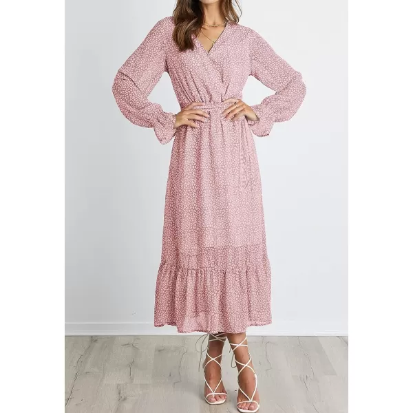 imageBTFBM Womens Casual Party Summer Fall Dresses 2023 Long Sleeve Wrap V Neck Swiss Dot Swing ALine Maxi Dress with BeltPink