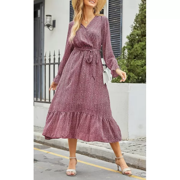 imageBTFBM Womens Casual Party Summer Fall Dresses 2023 Long Sleeve Wrap V Neck Swiss Dot Swing ALine Maxi Dress with BeltRed