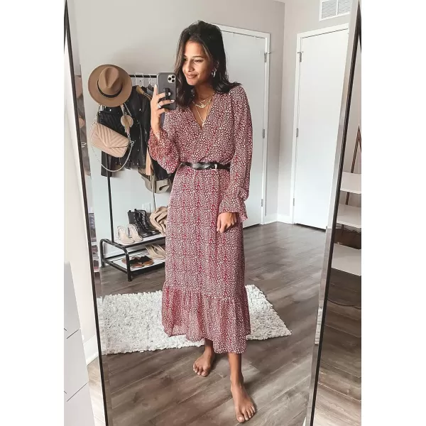 imageBTFBM Womens Casual Party Summer Fall Dresses 2023 Long Sleeve Wrap V Neck Swiss Dot Swing ALine Maxi Dress with BeltRed