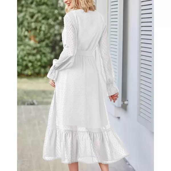 imageBTFBM Womens Casual Party Summer Fall Dresses 2023 Long Sleeve Wrap V Neck Swiss Dot Swing ALine Maxi Dress with BeltSwiss Dot Beige White