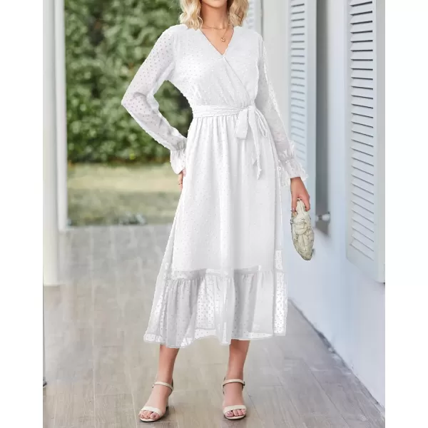 imageBTFBM Womens Casual Party Summer Fall Dresses 2023 Long Sleeve Wrap V Neck Swiss Dot Swing ALine Maxi Dress with BeltSwiss Dot Beige White