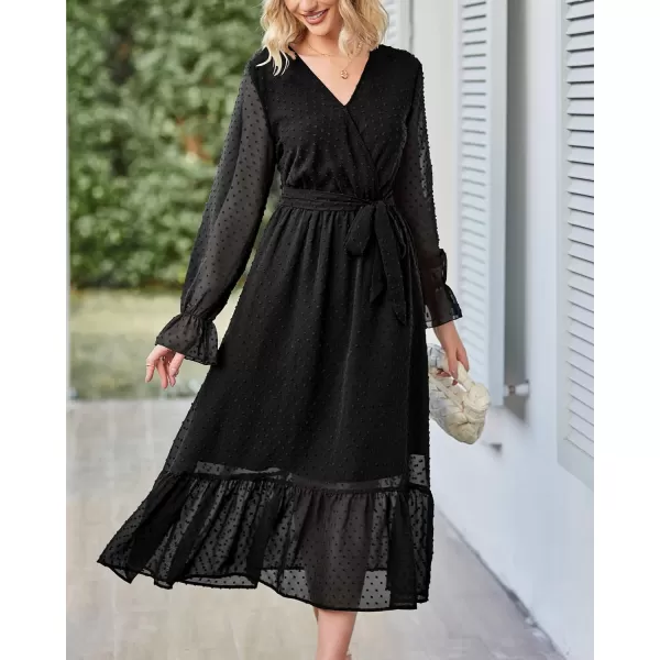imageBTFBM Womens Casual Party Summer Fall Dresses 2023 Long Sleeve Wrap V Neck Swiss Dot Swing ALine Maxi Dress with BeltSwiss Dot Black