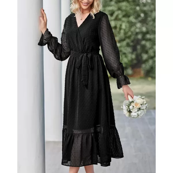 imageBTFBM Womens Casual Party Summer Fall Dresses 2023 Long Sleeve Wrap V Neck Swiss Dot Swing ALine Maxi Dress with BeltSwiss Dot Black