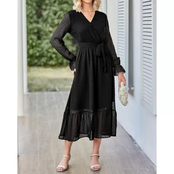 imageBTFBM Womens Casual Party Summer Fall Dresses 2023 Long Sleeve Wrap V Neck Swiss Dot Swing ALine Maxi Dress with BeltSwiss Dot Black