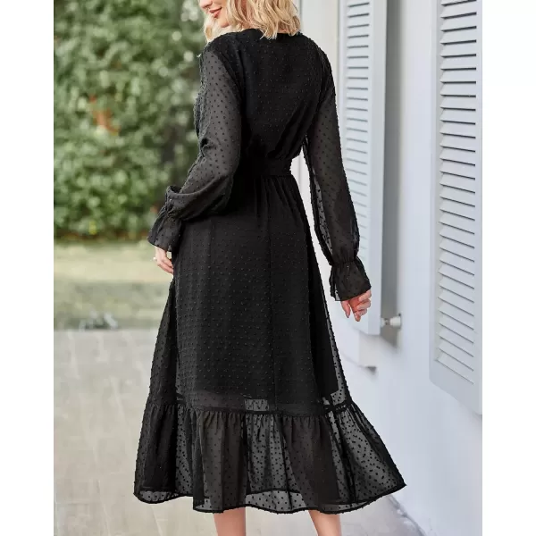 imageBTFBM Womens Casual Party Summer Fall Dresses 2023 Long Sleeve Wrap V Neck Swiss Dot Swing ALine Maxi Dress with BeltSwiss Dot Black