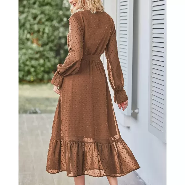 imageBTFBM Womens Casual Party Summer Fall Dresses 2023 Long Sleeve Wrap V Neck Swiss Dot Swing ALine Maxi Dress with BeltSwiss Dot Brown