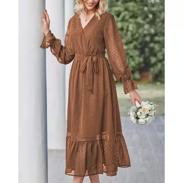 imageBTFBM Womens Casual Party Summer Fall Dresses 2023 Long Sleeve Wrap V Neck Swiss Dot Swing ALine Maxi Dress with BeltSwiss Dot Brown