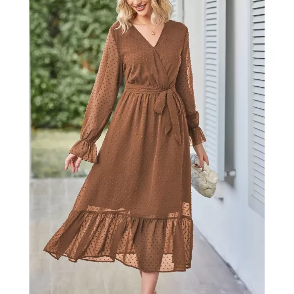 imageBTFBM Womens Casual Party Summer Fall Dresses 2023 Long Sleeve Wrap V Neck Swiss Dot Swing ALine Maxi Dress with BeltSwiss Dot Brown