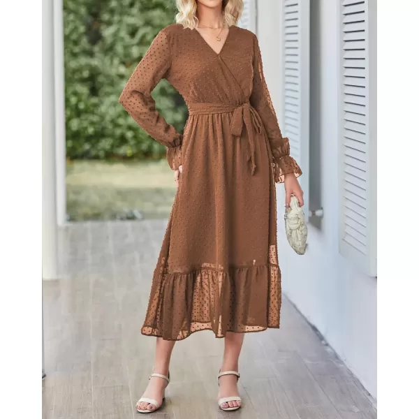 imageBTFBM Womens Casual Party Summer Fall Dresses 2023 Long Sleeve Wrap V Neck Swiss Dot Swing ALine Maxi Dress with BeltSwiss Dot Brown