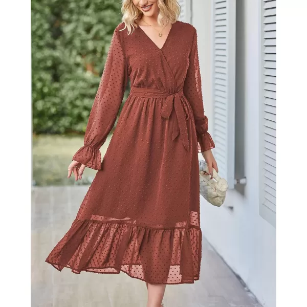 imageBTFBM Womens Casual Party Summer Fall Dresses 2023 Long Sleeve Wrap V Neck Swiss Dot Swing ALine Maxi Dress with BeltSwiss Dot Brown Red