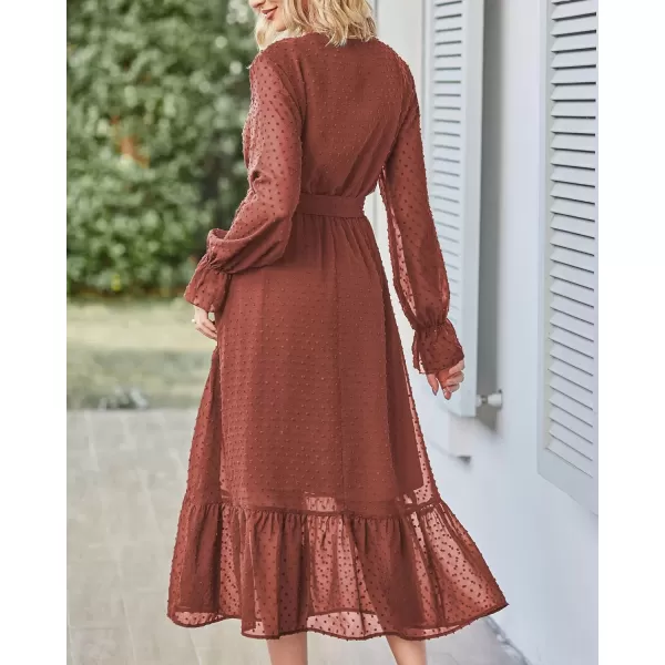 imageBTFBM Womens Casual Party Summer Fall Dresses 2023 Long Sleeve Wrap V Neck Swiss Dot Swing ALine Maxi Dress with BeltSwiss Dot Brown Red