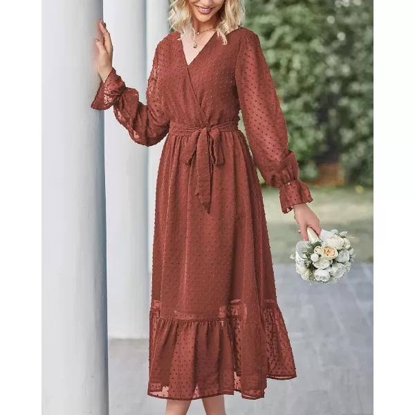 imageBTFBM Womens Casual Party Summer Fall Dresses 2023 Long Sleeve Wrap V Neck Swiss Dot Swing ALine Maxi Dress with BeltSwiss Dot Brown Red