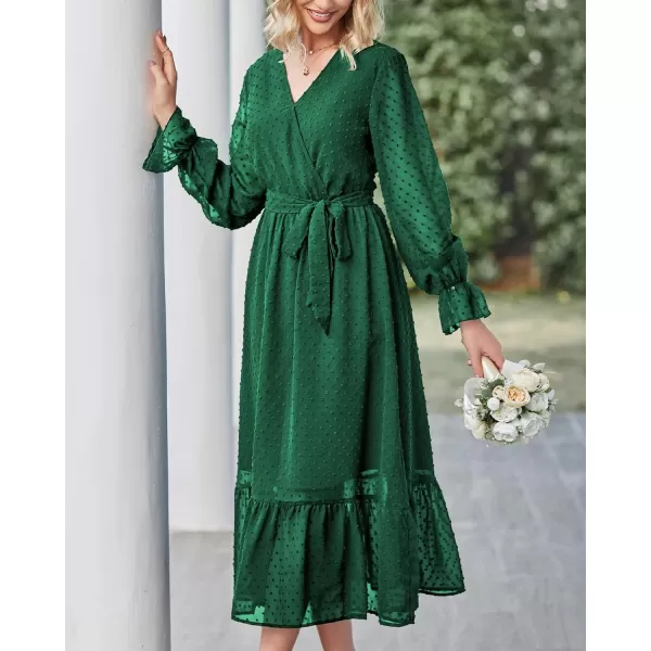 imageBTFBM Womens Casual Party Summer Fall Dresses 2023 Long Sleeve Wrap V Neck Swiss Dot Swing ALine Maxi Dress with BeltSwiss Dot Dark Green