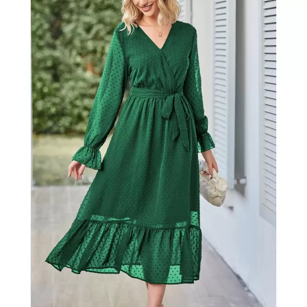imageBTFBM Womens Casual Party Summer Fall Dresses 2023 Long Sleeve Wrap V Neck Swiss Dot Swing ALine Maxi Dress with BeltSwiss Dot Dark Green