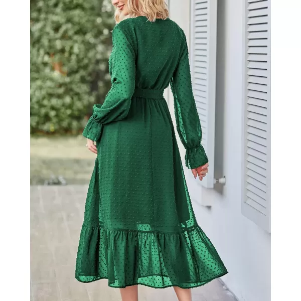 imageBTFBM Womens Casual Party Summer Fall Dresses 2023 Long Sleeve Wrap V Neck Swiss Dot Swing ALine Maxi Dress with BeltSwiss Dot Dark Green