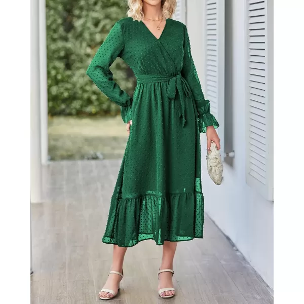 imageBTFBM Womens Casual Party Summer Fall Dresses 2023 Long Sleeve Wrap V Neck Swiss Dot Swing ALine Maxi Dress with BeltSwiss Dot Dark Green