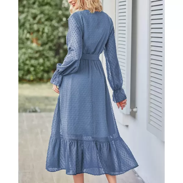 imageBTFBM Womens Casual Party Summer Fall Dresses 2023 Long Sleeve Wrap V Neck Swiss Dot Swing ALine Maxi Dress with BeltSwiss Dot Grey Blue