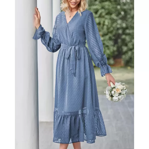 imageBTFBM Womens Casual Party Summer Fall Dresses 2023 Long Sleeve Wrap V Neck Swiss Dot Swing ALine Maxi Dress with BeltSwiss Dot Grey Blue