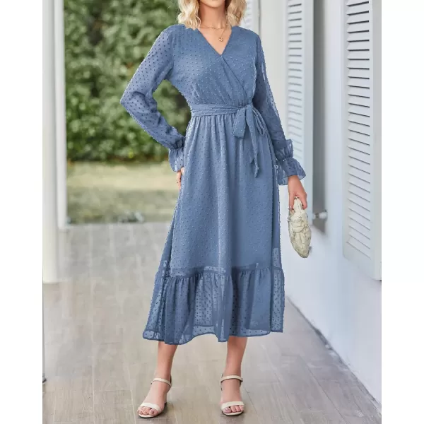 imageBTFBM Womens Casual Party Summer Fall Dresses 2023 Long Sleeve Wrap V Neck Swiss Dot Swing ALine Maxi Dress with BeltSwiss Dot Grey Blue