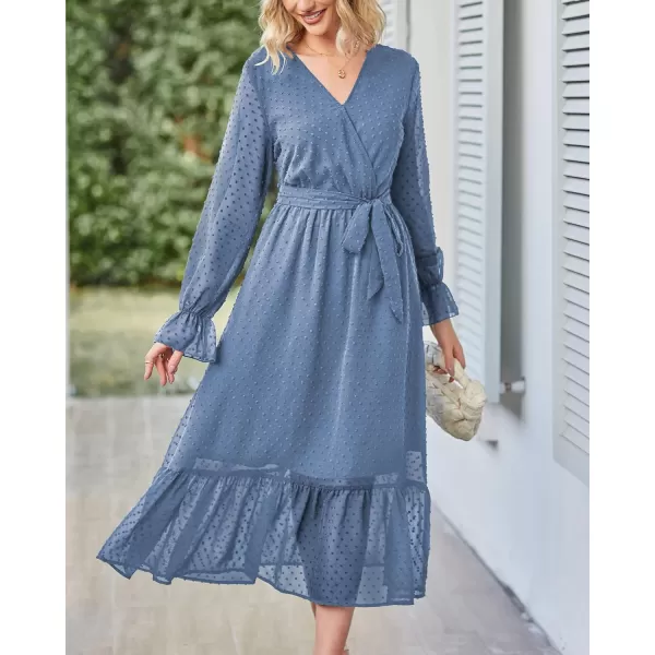 imageBTFBM Womens Casual Party Summer Fall Dresses 2023 Long Sleeve Wrap V Neck Swiss Dot Swing ALine Maxi Dress with BeltSwiss Dot Grey Blue