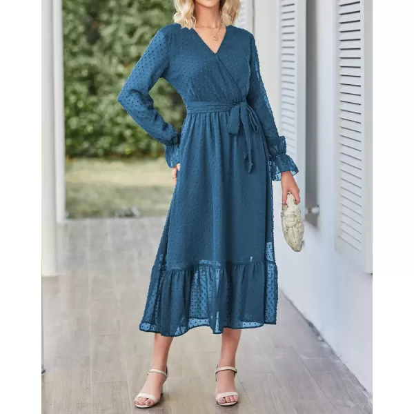 imageBTFBM Womens Casual Party Summer Fall Dresses 2023 Long Sleeve Wrap V Neck Swiss Dot Swing ALine Maxi Dress with BeltSwiss Dot Lake Blue