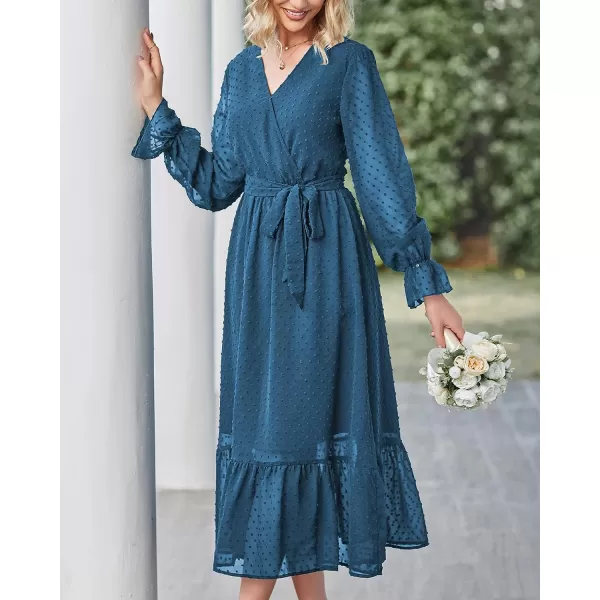 imageBTFBM Womens Casual Party Summer Fall Dresses 2023 Long Sleeve Wrap V Neck Swiss Dot Swing ALine Maxi Dress with BeltSwiss Dot Lake Blue